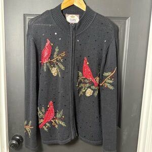 Vintage Tiara Black Cardigan with Red Cardinal Design
